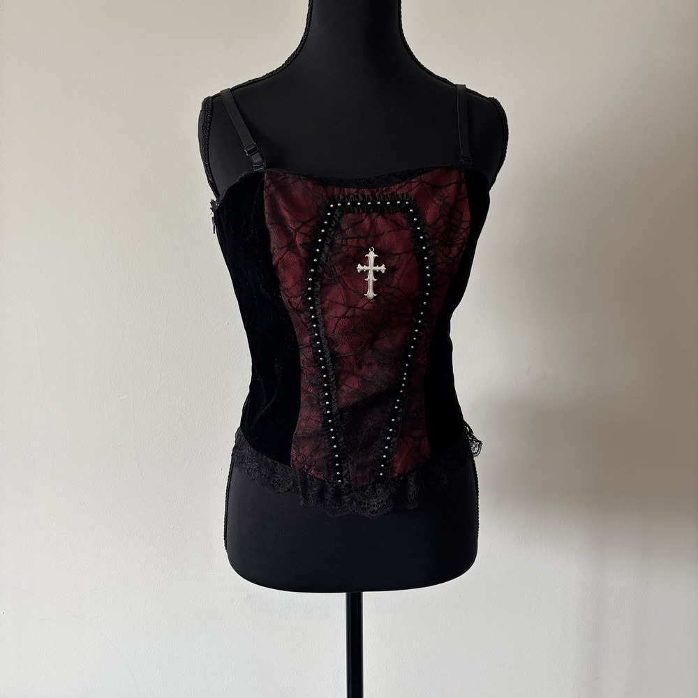 Gothic Funeral Black Corset Style Top Velvet Lace Cross Women's M Halloween Vamp